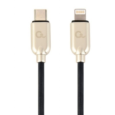 Cabo USB-C para Lightning com revestimento preto e terminais dourados
