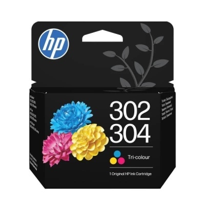 Embalagem preta de cartucho de tinta HP com texto e flores coloridas