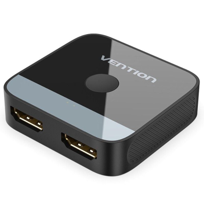 Dispositivo quadrado preto e cinzento com duas portas HDMI e texto VENTION na superfície