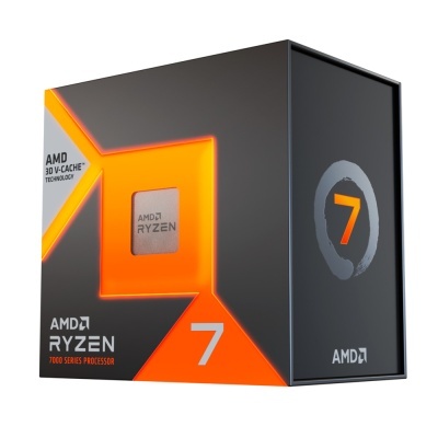 Embalagem preta de processador AMD Ryzen 7 com detalhes laranja e texto AMD Ryzen 7000 Series Processor