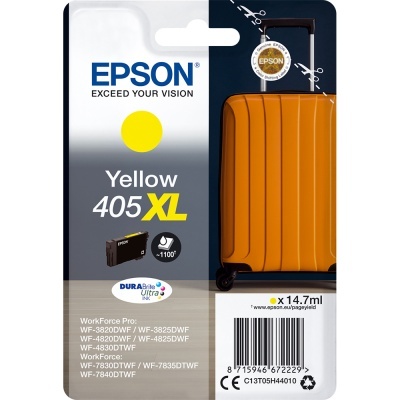 Embalagem de tinta Epson 405 XL amarela com imagem de mala laranja