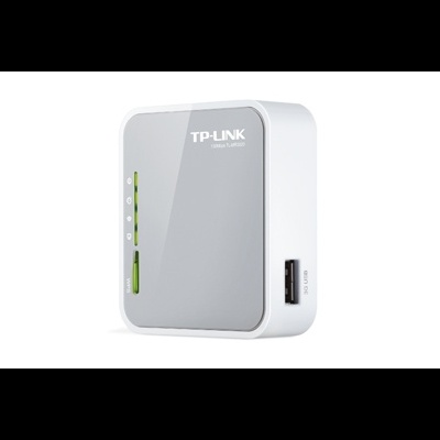 Dispositivo TP-LINK branco e cinza com indicadores LED e porta USB