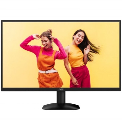 Monitor AOC preto a mostrar duas mulheres de roupa colorida contra fundo amarelo