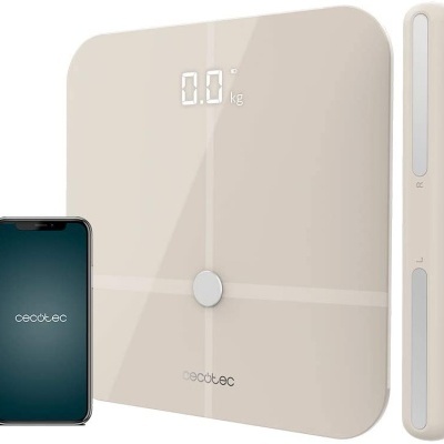 Balança digital bege com smartphone mostrando logo cecotec