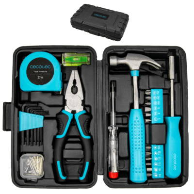 Kit de ferramentas em estojo preto contendo fita métrica, alicate, nível, martelo, parafusos, chaves Allen e de fenda com cabos azuis.
