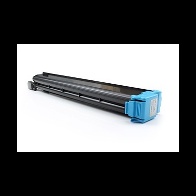 Toner preto para impressora com extremidade azul claro sobre fundo branco.