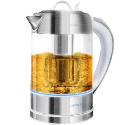 Chaleira elétrica transparente com detalhes em aço inox e pega branca