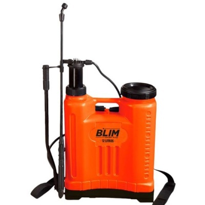 Pulverizador de mochila laranja com texto BLIM 12 LITROS
