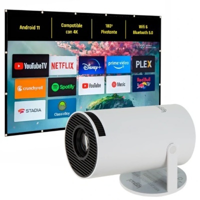 Projetor branco cilíndrico em frente a ecrã com serviços de streaming e especificações técnicas