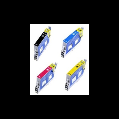 Conjunto de tinteiros Epson preto, azul, vermelho e amarelo em fundo branco