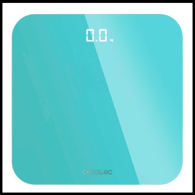 Balança digital de vidro azul claro com mostrador LED branco