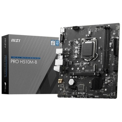 Placa-mãe MSI PRO H510M-B com caixa cinzenta e preta