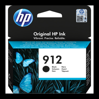 Embalagem de tinta HP 912 preta com borboletas azuis no fundo