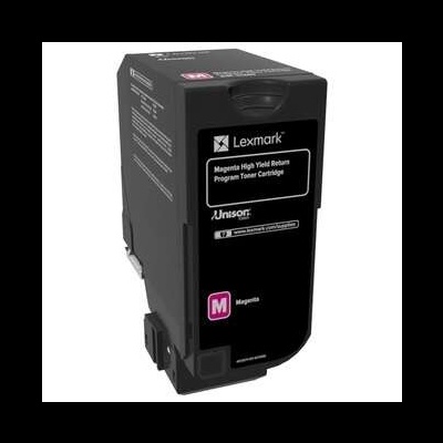 Cartucho de toner magenta Lexmark em embalagem preta com texto branco e rosa