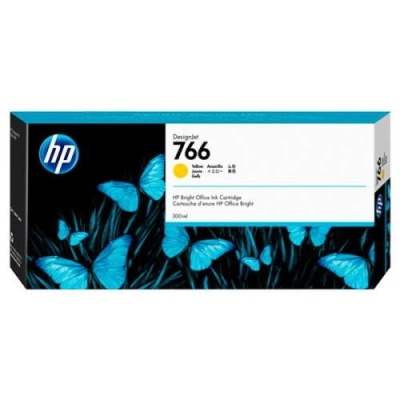 Embalagem de cartucho de tinta HP DesignJet 766 amarelo com borboletas azuis