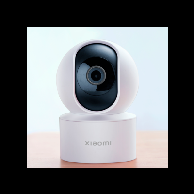 Câmara de vigilância Xiaomi branca e preta sobre superfície de madeira