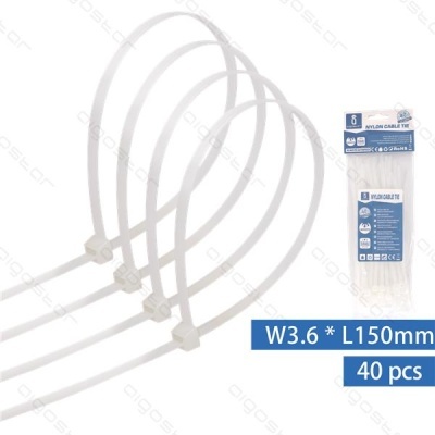 Braçadeiras de nylon brancas para cabos em conjunto de 40, embalagem transparente com rótulo azul.
