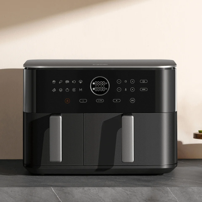 Aparelho de cozinha preto Xiaomi com ecrã digital e dois compartimentos