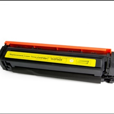 Cartucho de toner preto com tampa vermelha e etiqueta amarela