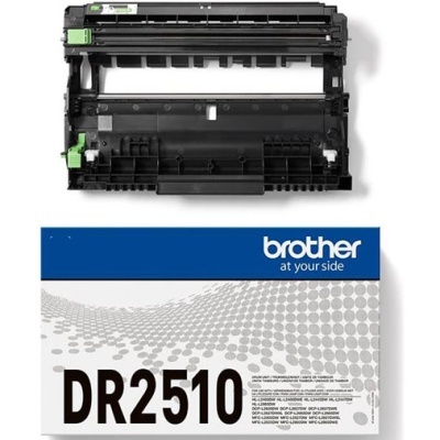 Tambor de impressora preto com detalhes verdes e caixa Brother DR2510