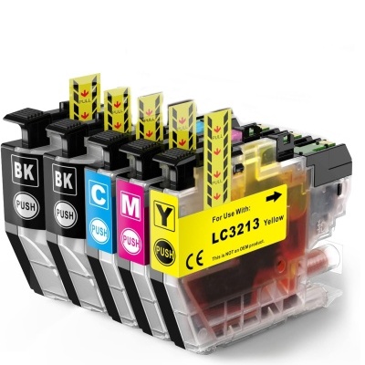 Conjunto de cinco tinteiros para impressora com adesivos de cores e etiquetas de aviso