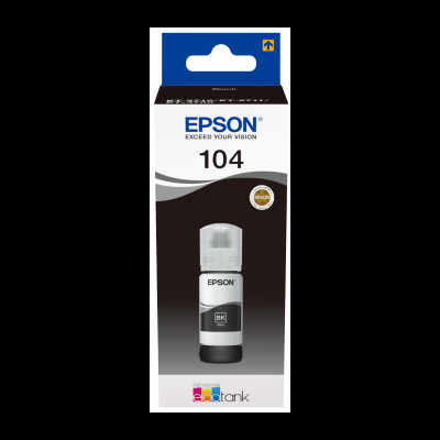 frasco de tinta preta Epson 104 na embalagem