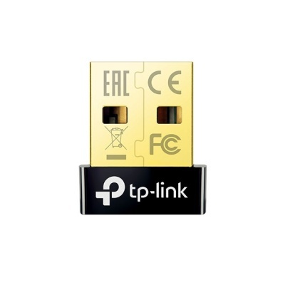 Adaptador USB TP-Link preto e dourado com símbolos EAC, CE e FCC