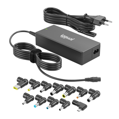 Carregador preto com vários adaptadores de tomadas e cabo de alimentação