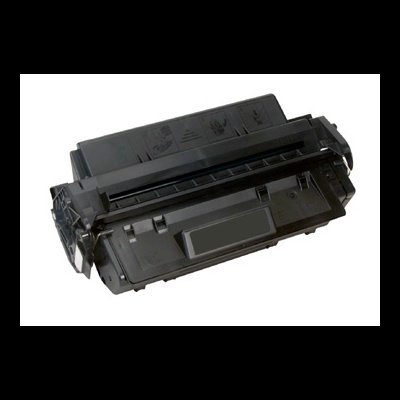 Tinteiro preto para impressora em plástico com etiquetas e símbolos gravados.