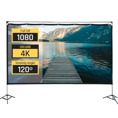 Ecrã de projeção de tecido com imagem de lago e montanhas e texto técnico