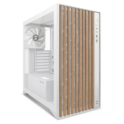 Caixa de computador branca com painel lateral de vidro e ripas de madeira no frontal