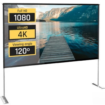 Ecrã de projeção com paisagem e texto sobre resolução e ângulo de visão