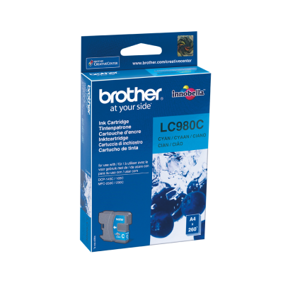 Embalagem de tinta Brother LC980C ciano para impressoras com texto multilíngue e imagem de bagaços azuis.