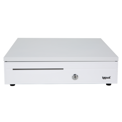 Gaveta de caixa registradora branca com fechadura e slot para notas