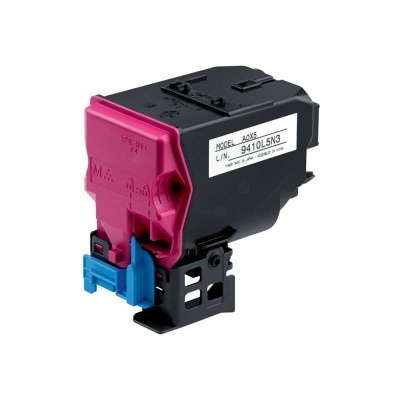Cartucho de tinta para impressora em plástico preto, rosa e azul com etiqueta branca