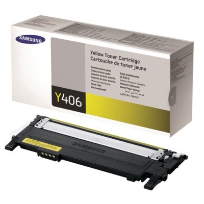 Cartucho de toner amarelo Samsung Y406 e embalagem com logotipo Samsung