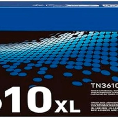 Embalagem azul e preta de cartucho de toner Brother TN3610XL com detalhes em branco