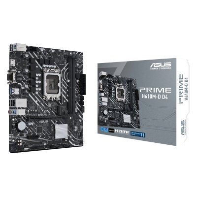 Placa mãe ASUS PRIME H610M-D D4 com caixa de embalagem cinza.