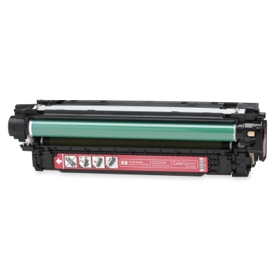 Cartucho de toner preto com cilindro verde e etiqueta rosa para impressora HP Color LaserJet