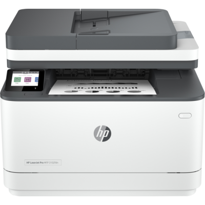 Impressora multifunções HP LaserJet Pro MFP 3102fdn com visor tátil colorido e papel impresso