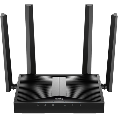 Roteador wireless preto com quatro antenas verticais e luzes indicadoras azuis
