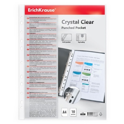 Bolsa cristal transparente A4 com perfuração universal e embalagem com texto multilíngue