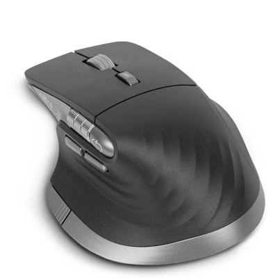 Rato de computador sem fios preto com detalhes cinza e botões laterais
