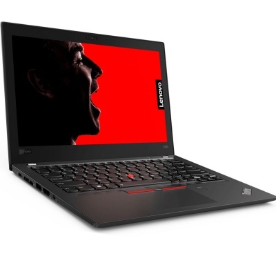Computador portátil Lenovo ThinkPad X280 com teclado preto e ecrã com imagem vermelha e rosto em silhueta