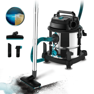 aspirador de pó e líquido metálico com acessórios e resíduos no chão