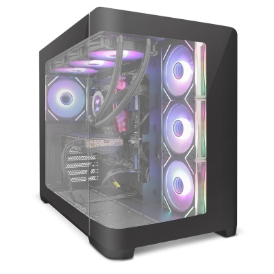 Computador de secretária preto com iluminação RGB e janela de vidro
