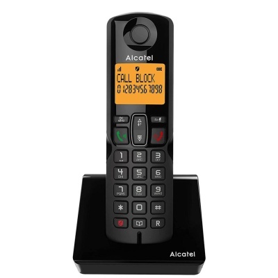 Telefone fixo Alcatel preto com base e ecrã laranja