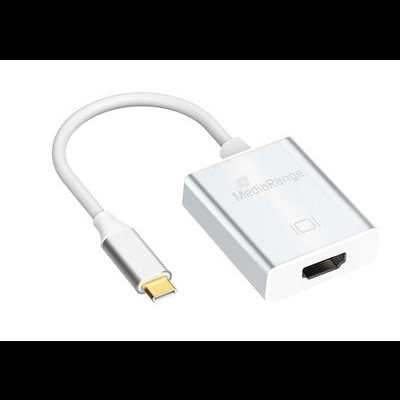 Adaptador USB-C para HDMI prateado com cabo curto branco