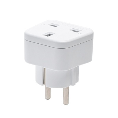 Adaptador de tomada elétrico branco com duas entradas e dois pinos metálicos