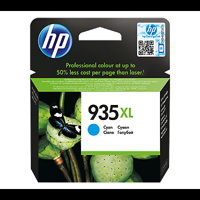 Cartucho de tinta HP 935XL ciano com embalagem preta e verde e imagem de borboleta azul